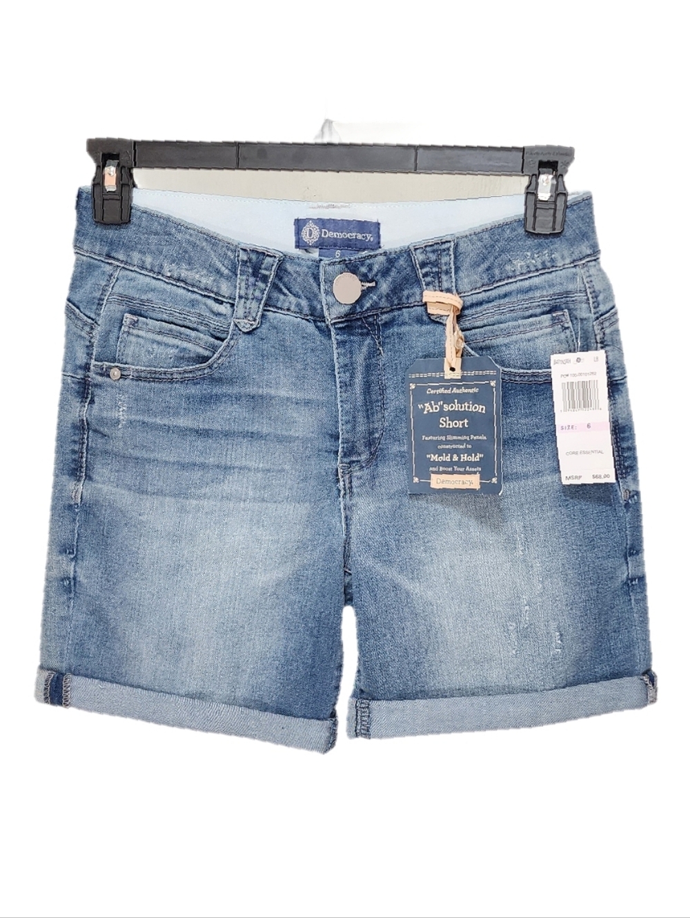 Democracy 7" Denim shorts Roll Cuff Stretch Mid-Rise Ab Solution Light Blue 6